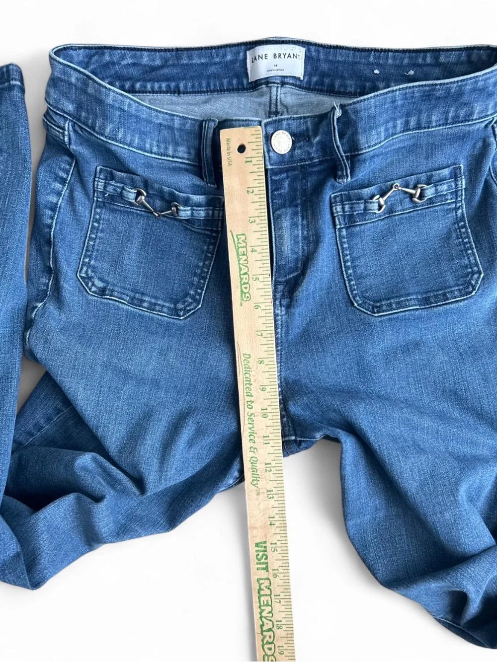 LANE BRYAN Blue Flare Jeans 14 Retro Vibe, Front Pockets W/Horsebit Detail